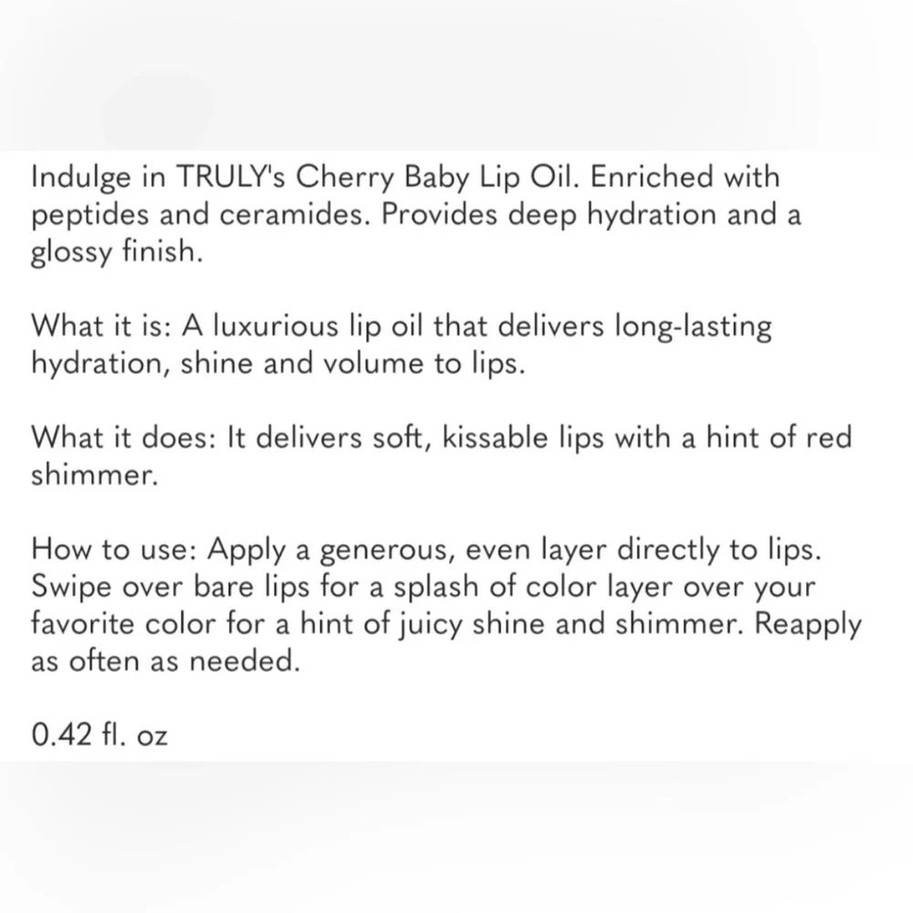 TRULY Cherry Baby Luxury Lip Oil | Hydrating Peptide + Ceramide Gloss 0.42 oz